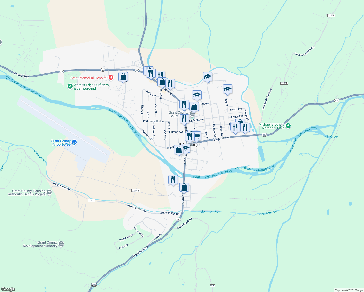 map of restaurants, bars, coffee shops, grocery stores, and more near 9 Water Street in Petersburg