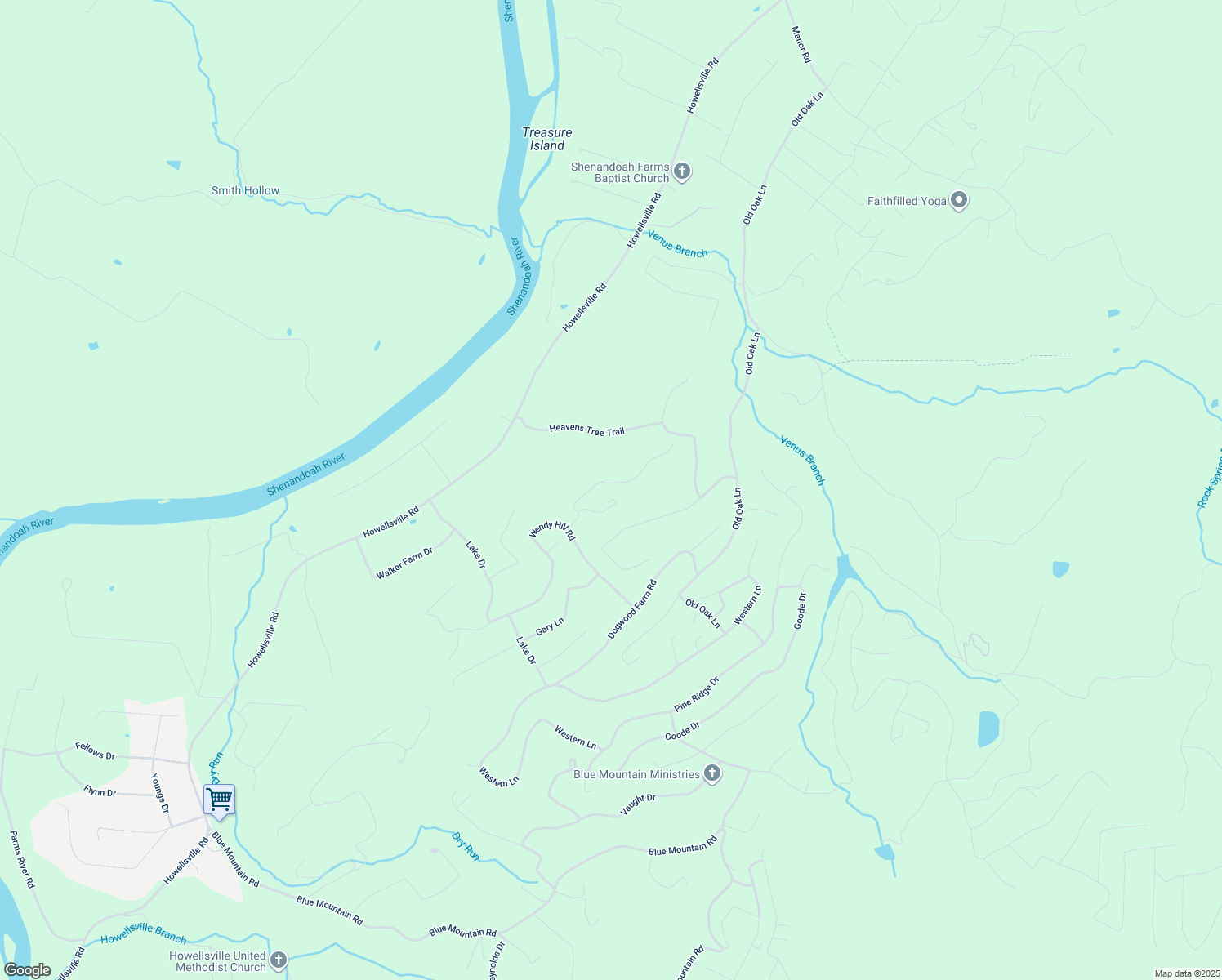 map of restaurants, bars, coffee shops, grocery stores, and more near River Overlook Road in Front Royal