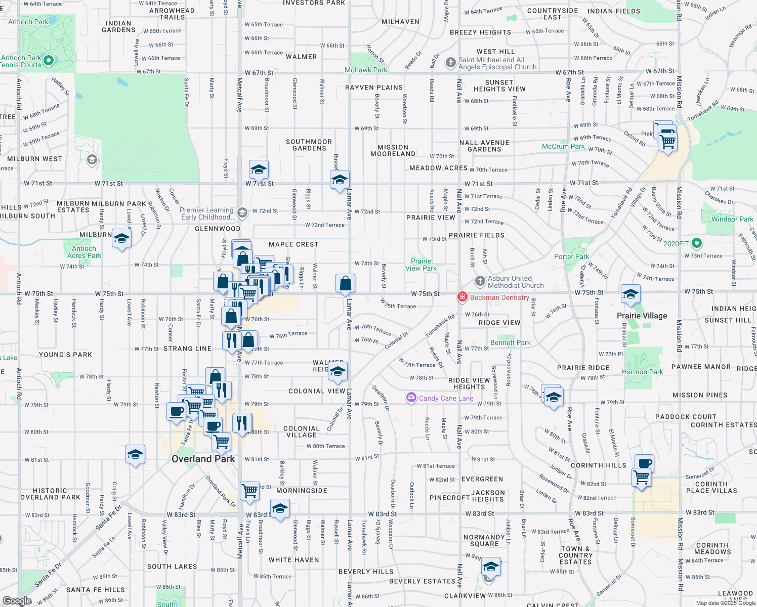 map of restaurants, bars, coffee shops, grocery stores, and more near 6023 West 75th Terrace in Prairie Village
