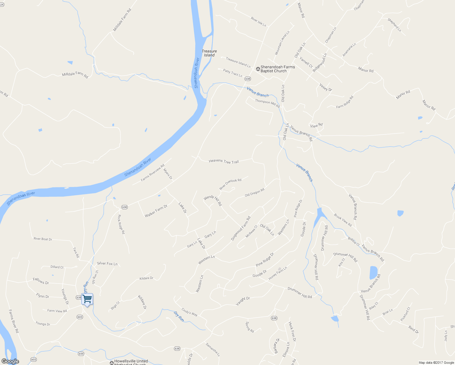 map of restaurants, bars, coffee shops, grocery stores, and more near River Overlook Road in Front Royal