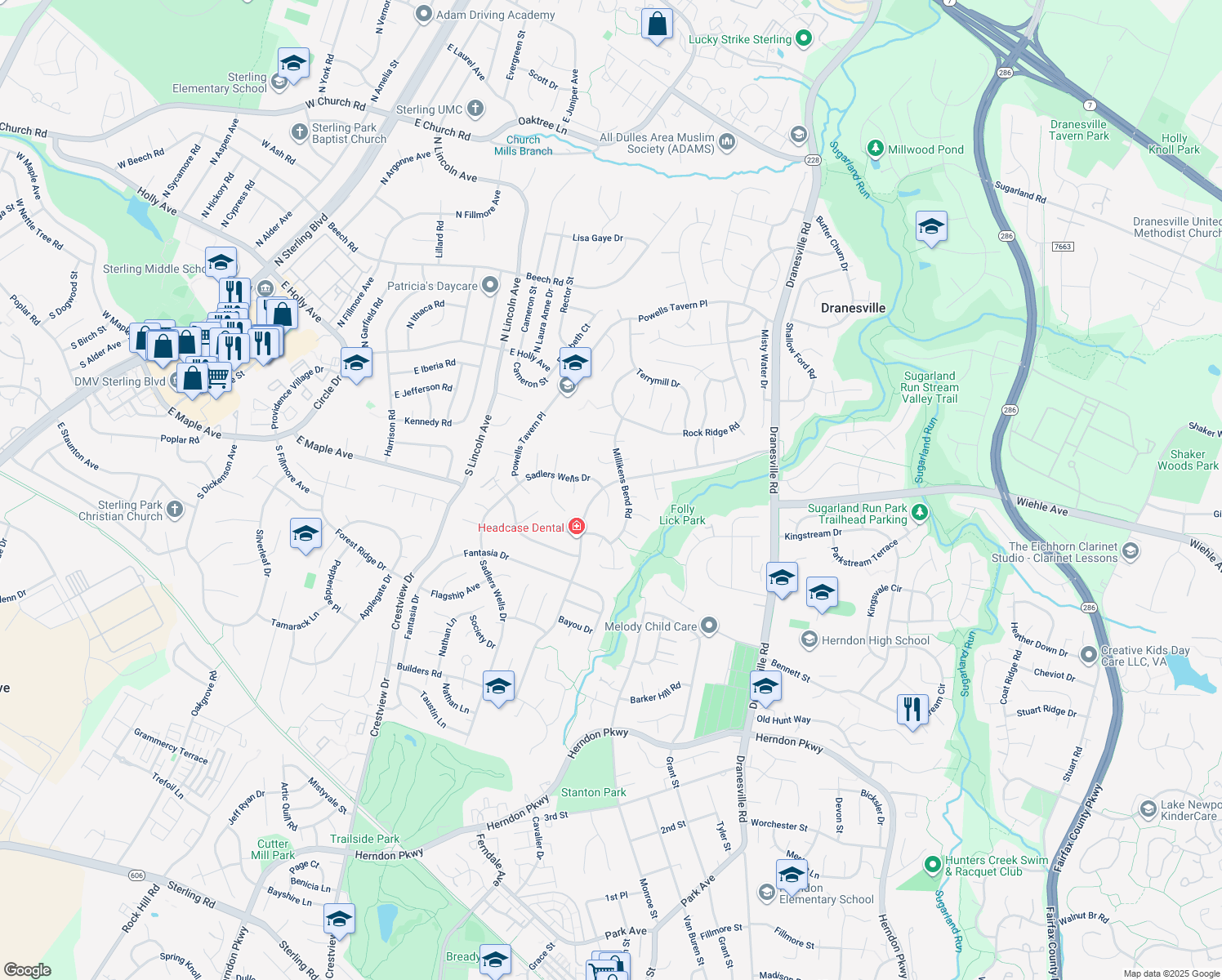 map of restaurants, bars, coffee shops, grocery stores, and more near 1414 Sadlers Wells Drive in Herndon