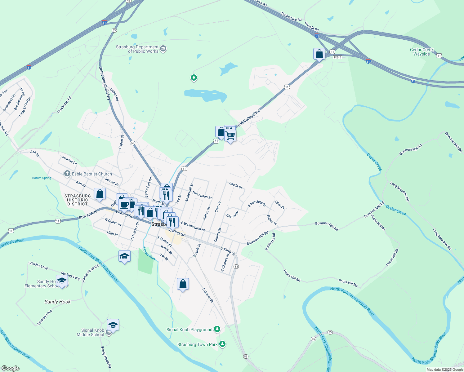 map of restaurants, bars, coffee shops, grocery stores, and more near 760 Laurie Drive in Strasburg