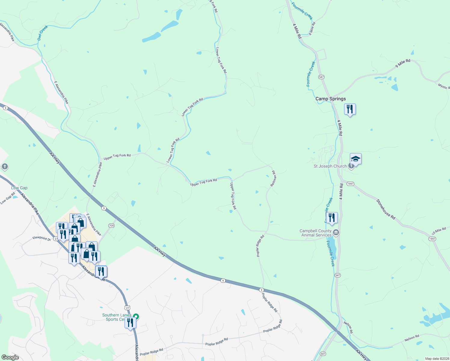 map of restaurants, bars, coffee shops, grocery stores, and more near 1787 Upper Tug Fork Road in Alexandria