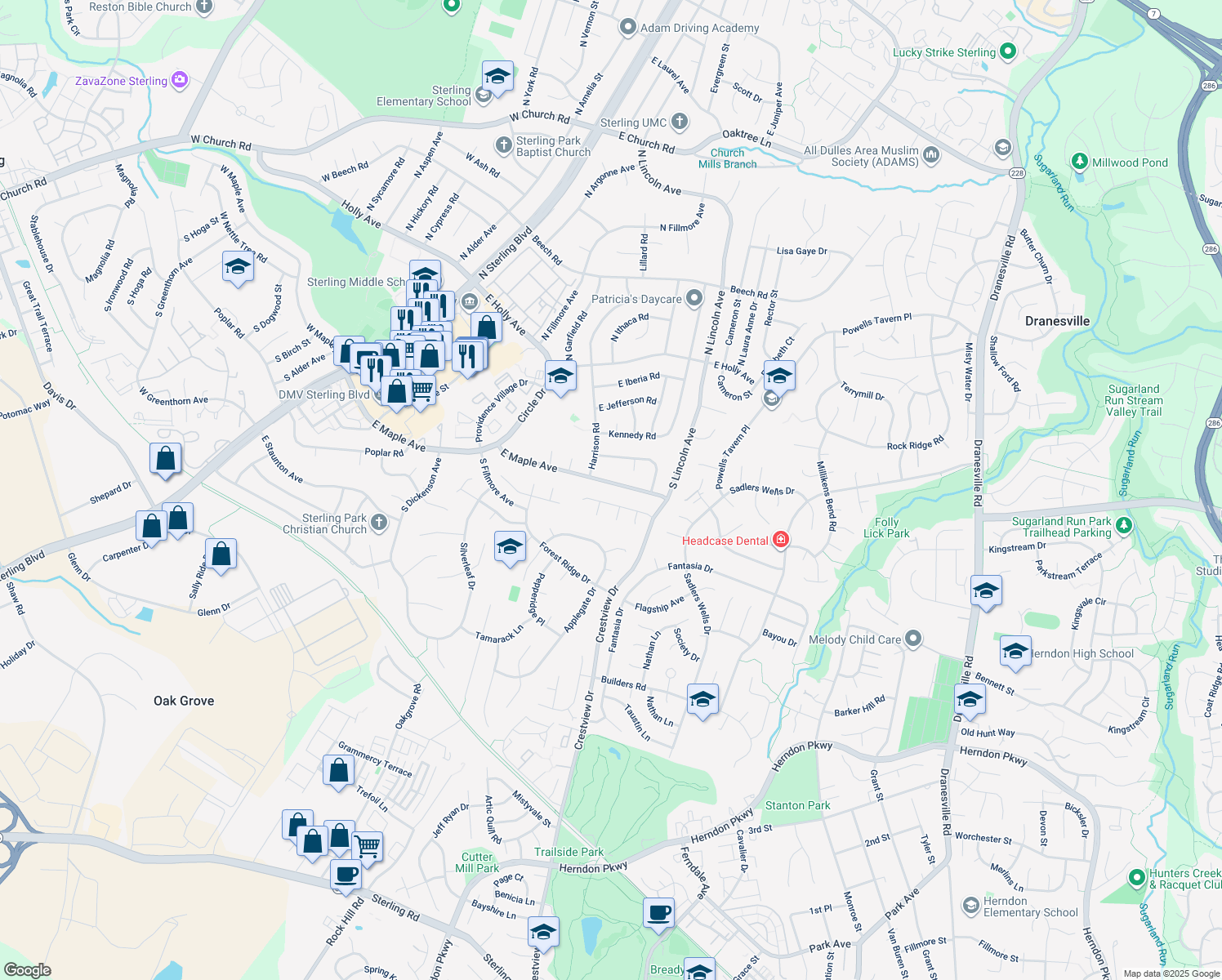 map of restaurants, bars, coffee shops, grocery stores, and more near 1208 East Maple Avenue in Sterling