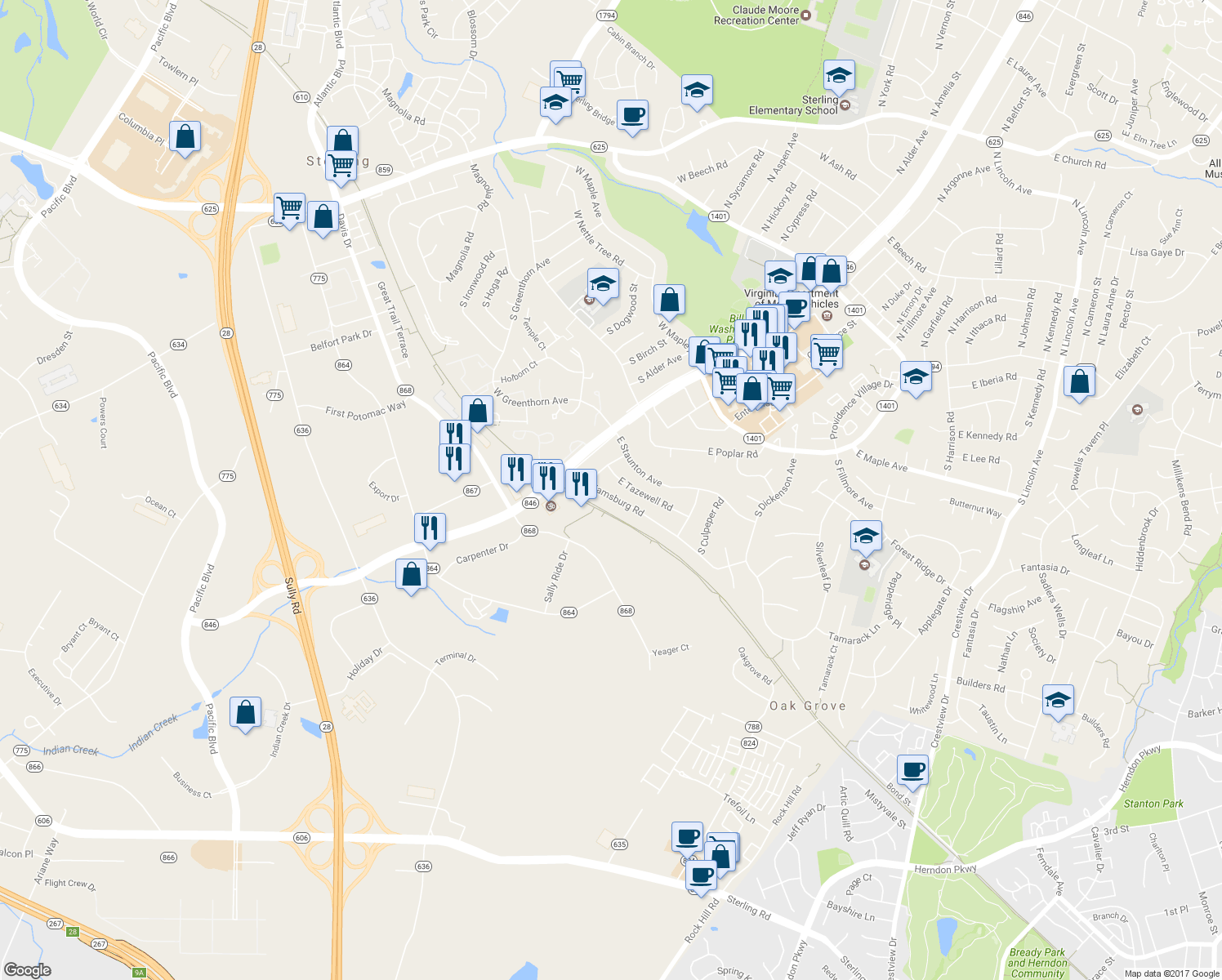 map of restaurants, bars, coffee shops, grocery stores, and more near 207 Williamsburg Road in Sterling