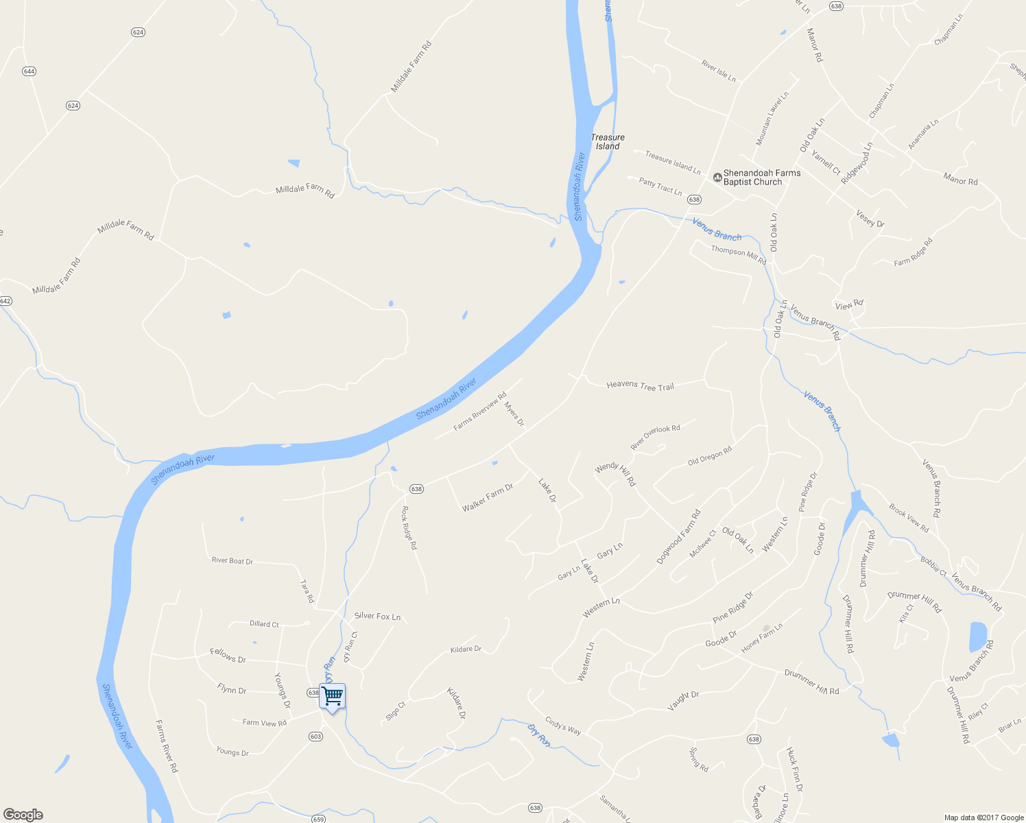 map of restaurants, bars, coffee shops, grocery stores, and more near Myers Drive in Front Royal