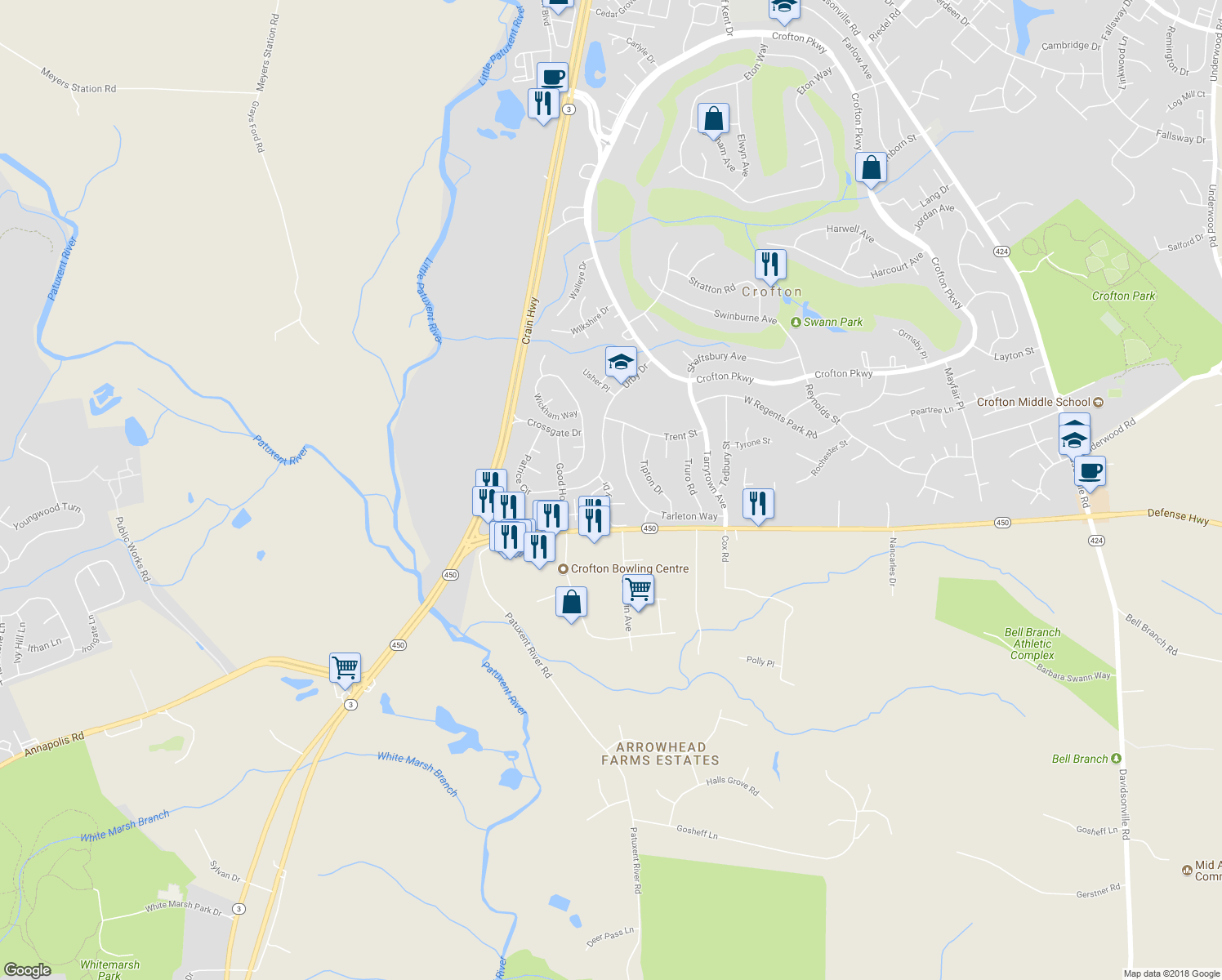 map of restaurants, bars, coffee shops, grocery stores, and more near 1723 Gabriel Court in Crofton