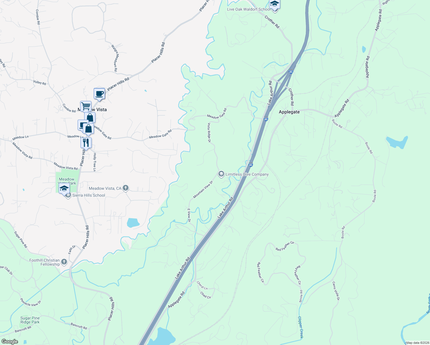 map of restaurants, bars, coffee shops, grocery stores, and more near 17171 Mountain View Drive in Applegate