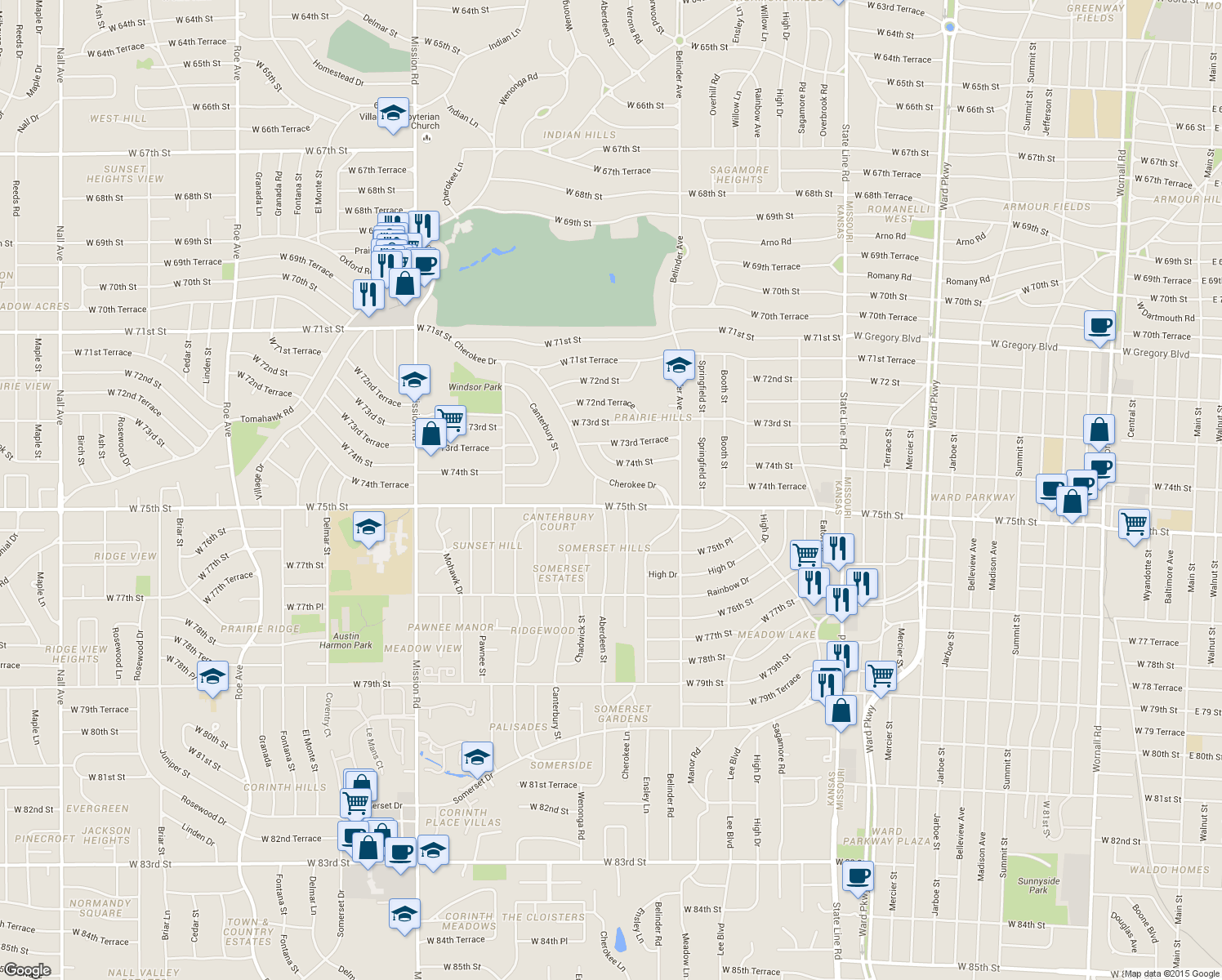 map of restaurants, bars, coffee shops, grocery stores, and more near 7416 Cherokee Drive in Prairie Village