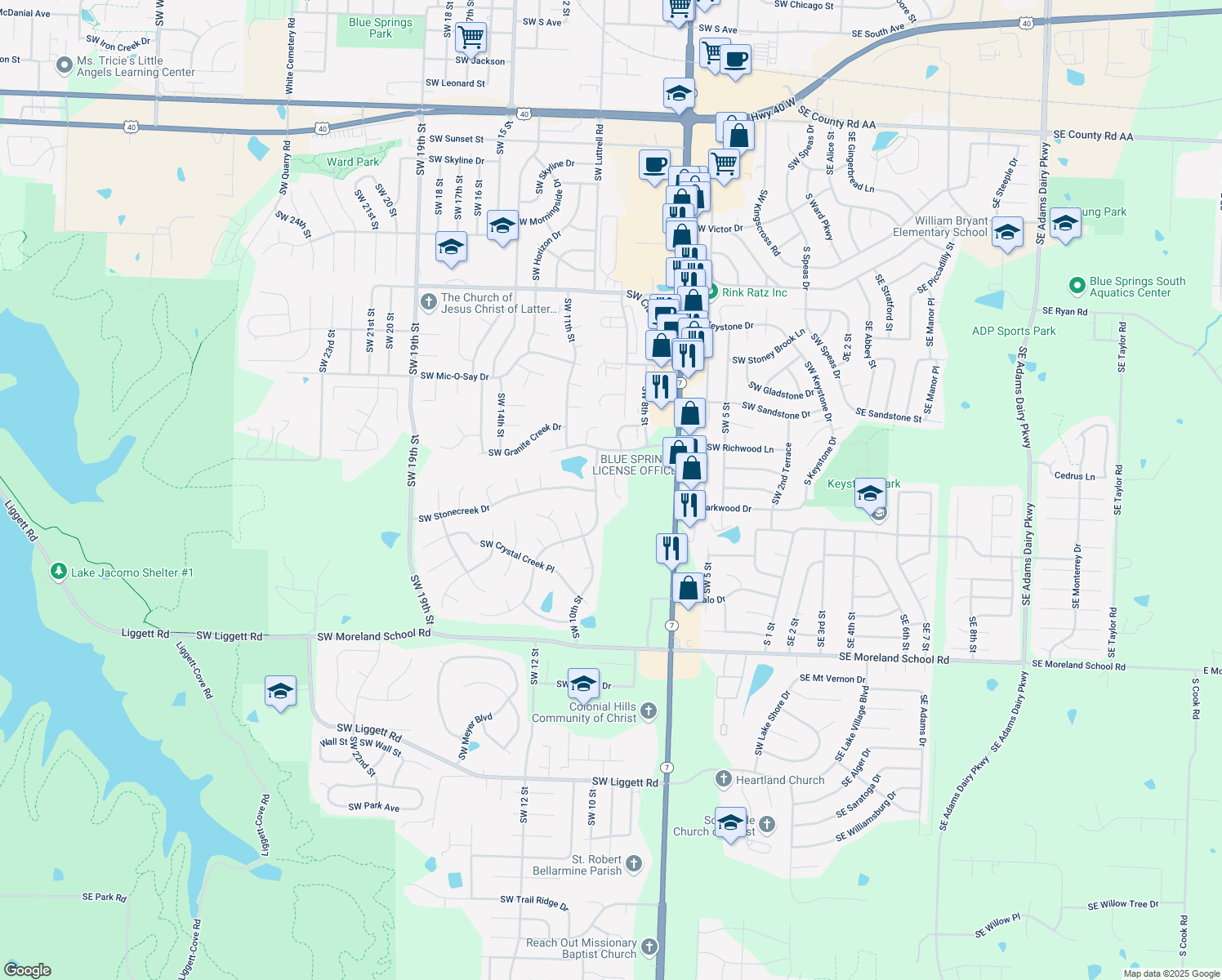map of restaurants, bars, coffee shops, grocery stores, and more near 2501 Southwest Richwood Circle in Blue Springs