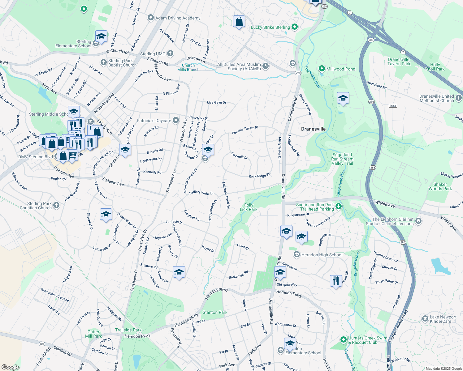 map of restaurants, bars, coffee shops, grocery stores, and more near 12650 Willow Spring Court in Herndon