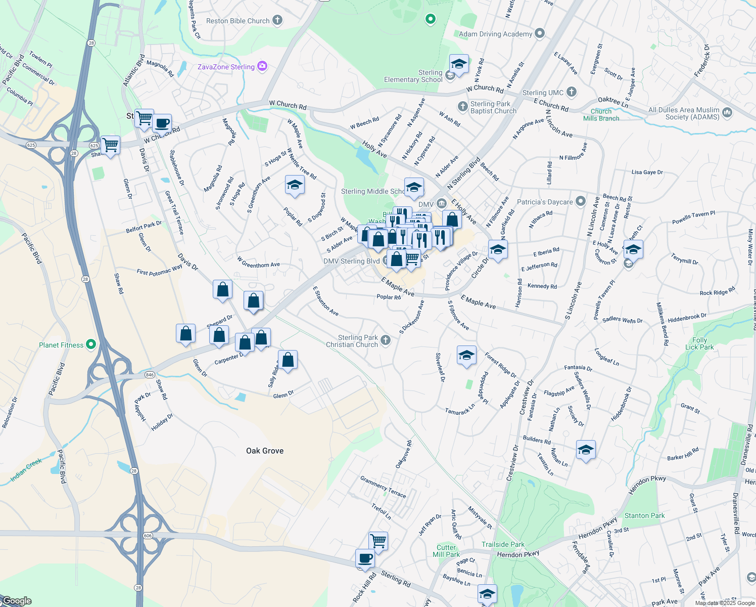 map of restaurants, bars, coffee shops, grocery stores, and more near 902 South Buckingham Court in Sterling