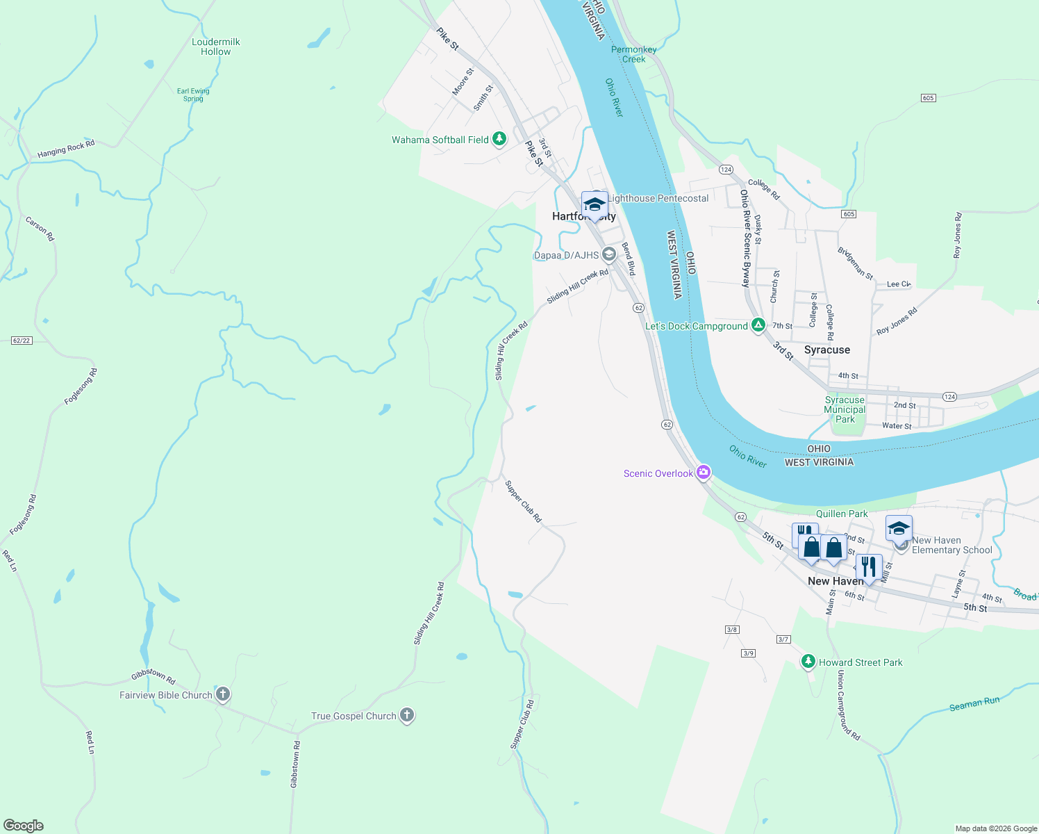 map of restaurants, bars, coffee shops, grocery stores, and more near 1469 Sliding Hill Creek Road in Letart