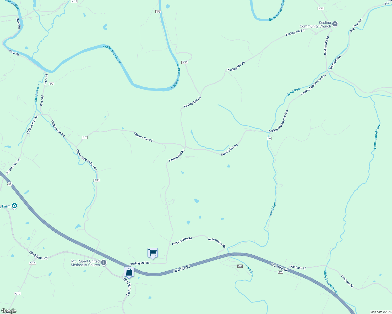 map of restaurants, bars, coffee shops, grocery stores, and more near 1546 Kesling Mill Road in Buckhannon