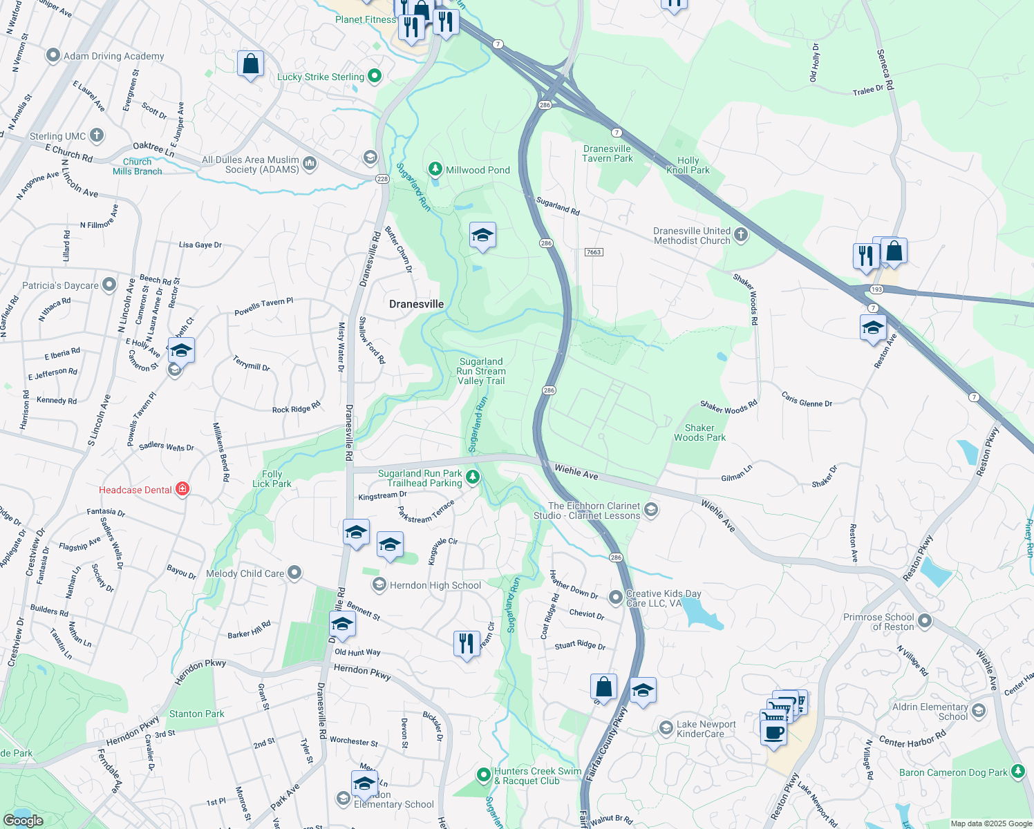 map of restaurants, bars, coffee shops, grocery stores, and more near 12100 Sandy Court in Herndon