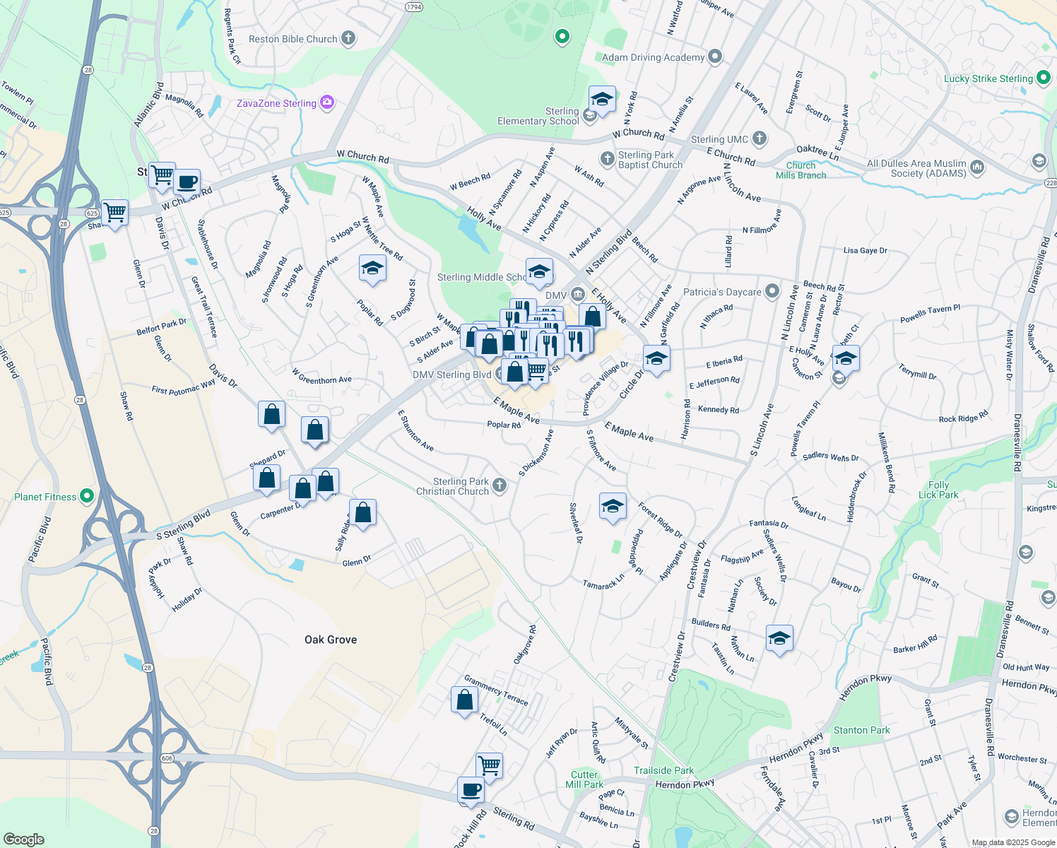 map of restaurants, bars, coffee shops, grocery stores, and more near 700 E Maple Ave in Sterling