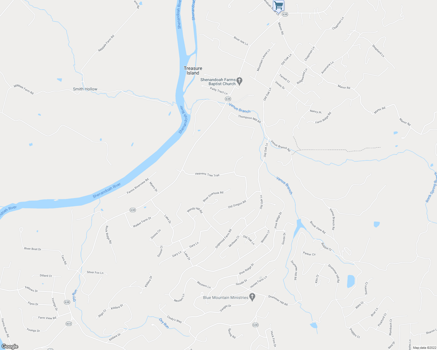 map of restaurants, bars, coffee shops, grocery stores, and more near 384 Heavens Tree Trail in Front Royal