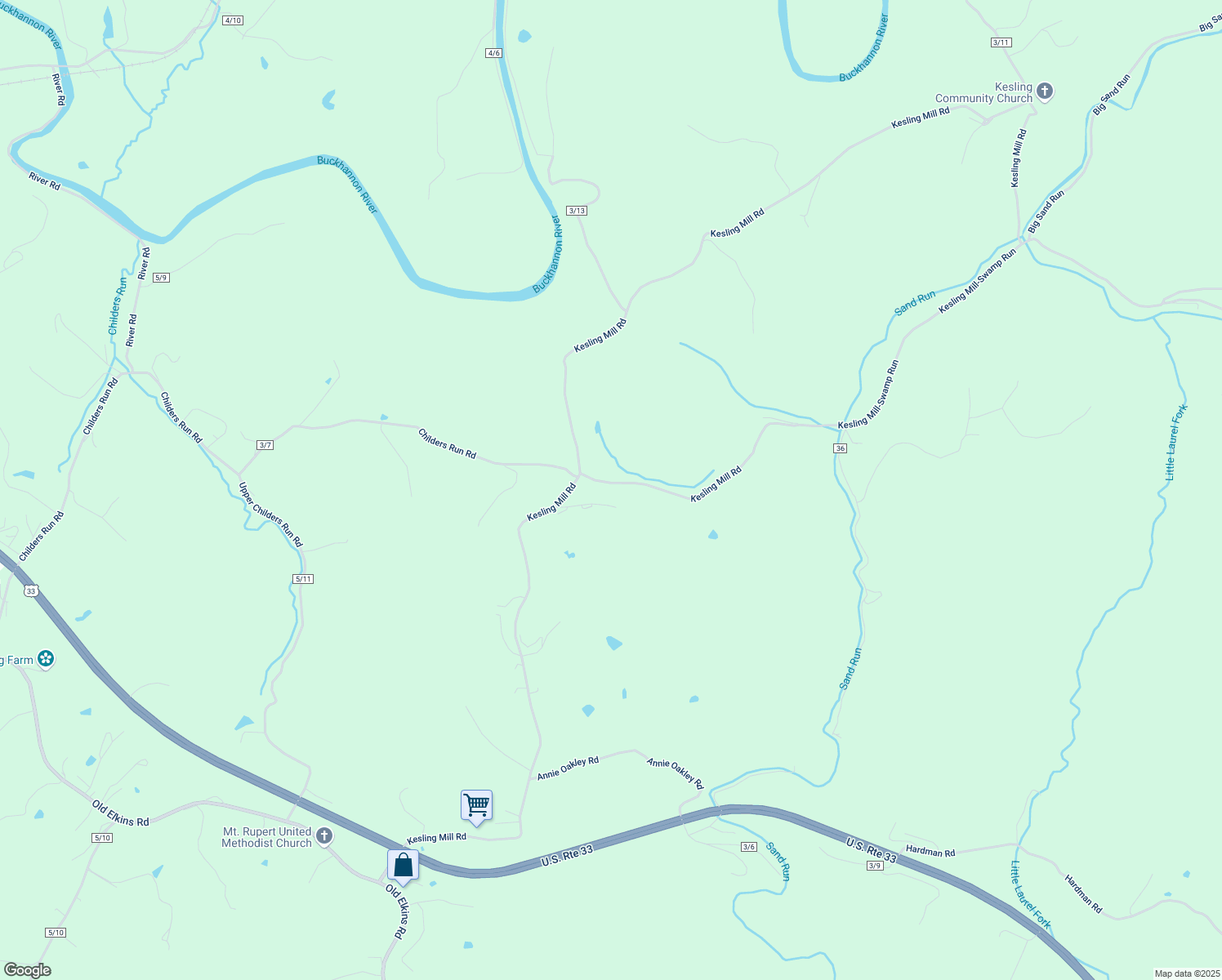 map of restaurants, bars, coffee shops, grocery stores, and more near 1546 Kesling Mill Road in Buckhannon