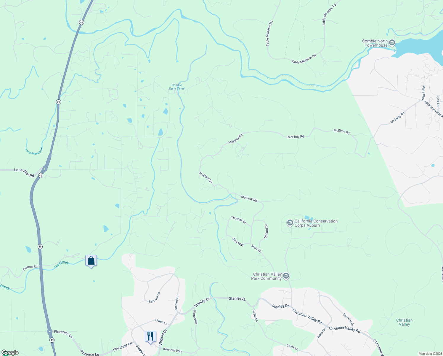 map of restaurants, bars, coffee shops, grocery stores, and more near 14580 McElroy Road in Auburn