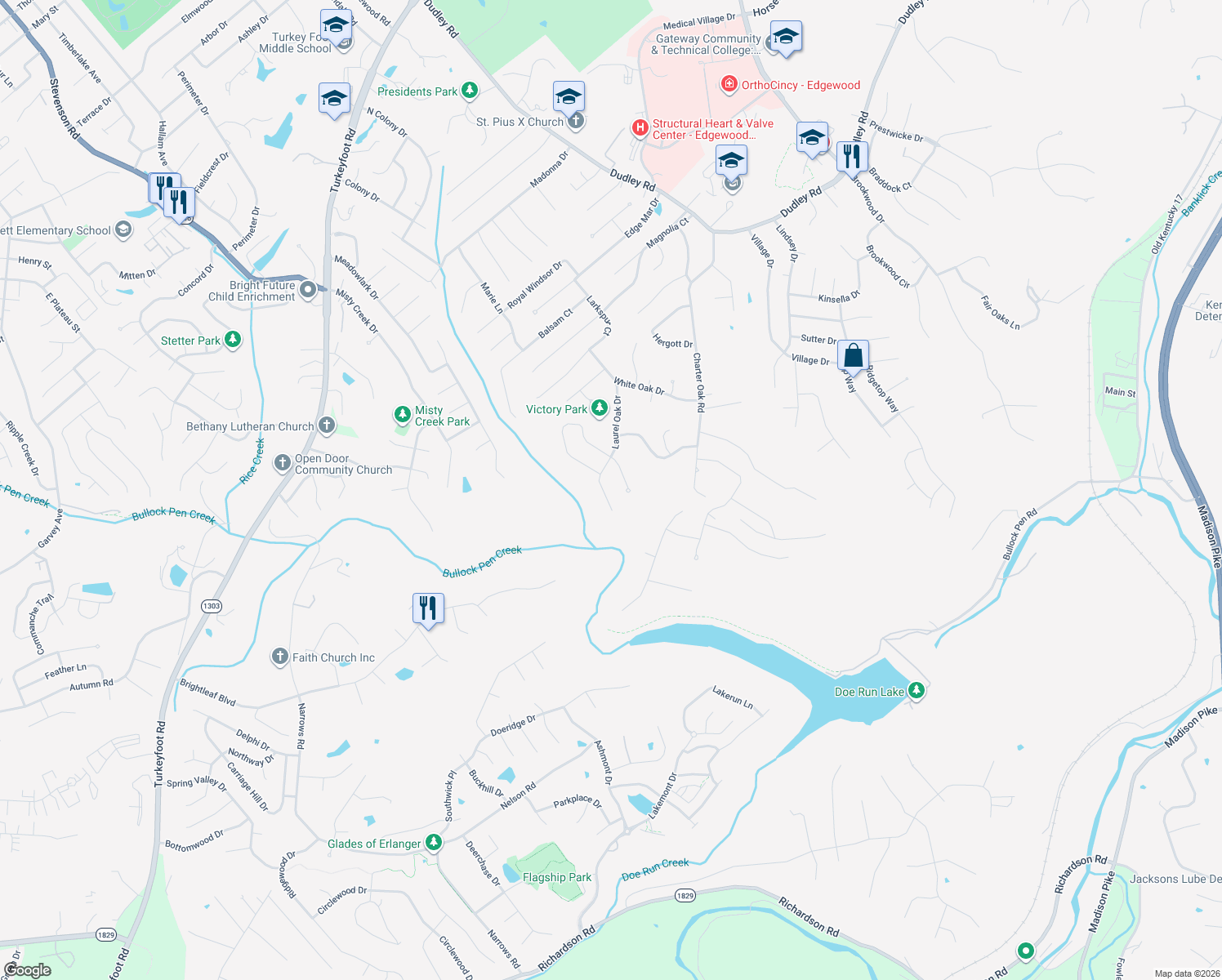 map of restaurants, bars, coffee shops, grocery stores, and more near 3236 Laurel Oak Court in Edgewood