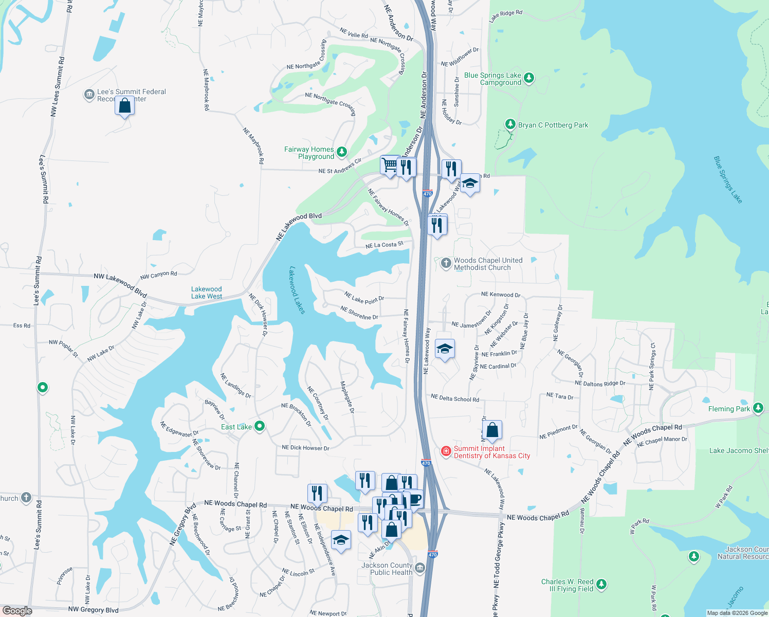 map of restaurants, bars, coffee shops, grocery stores, and more near 4605 Northeast Seabrook Lane in Lee's Summit