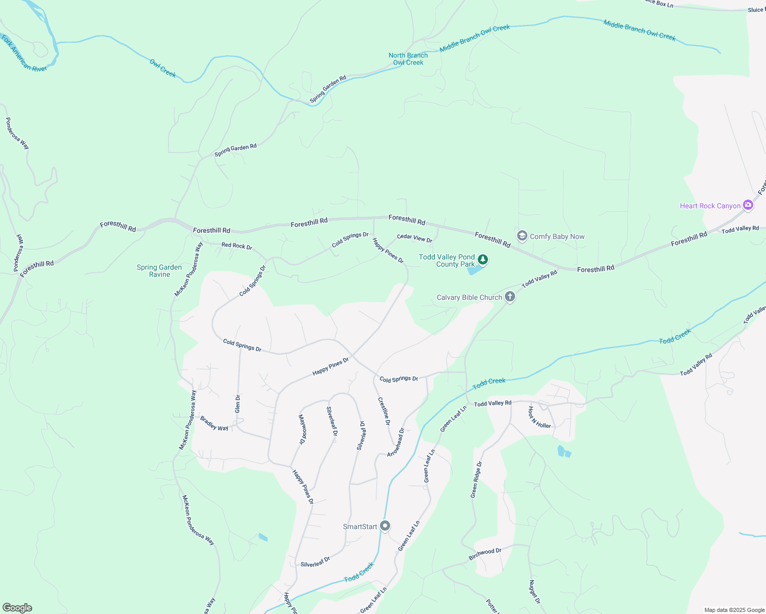map of restaurants, bars, coffee shops, grocery stores, and more near 5270 Happy Pines Drive in Foresthill
