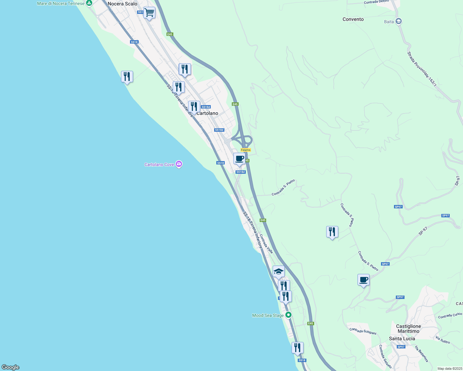 map of restaurants, bars, coffee shops, grocery stores, and more near Strada Statale 18 in Cartolano