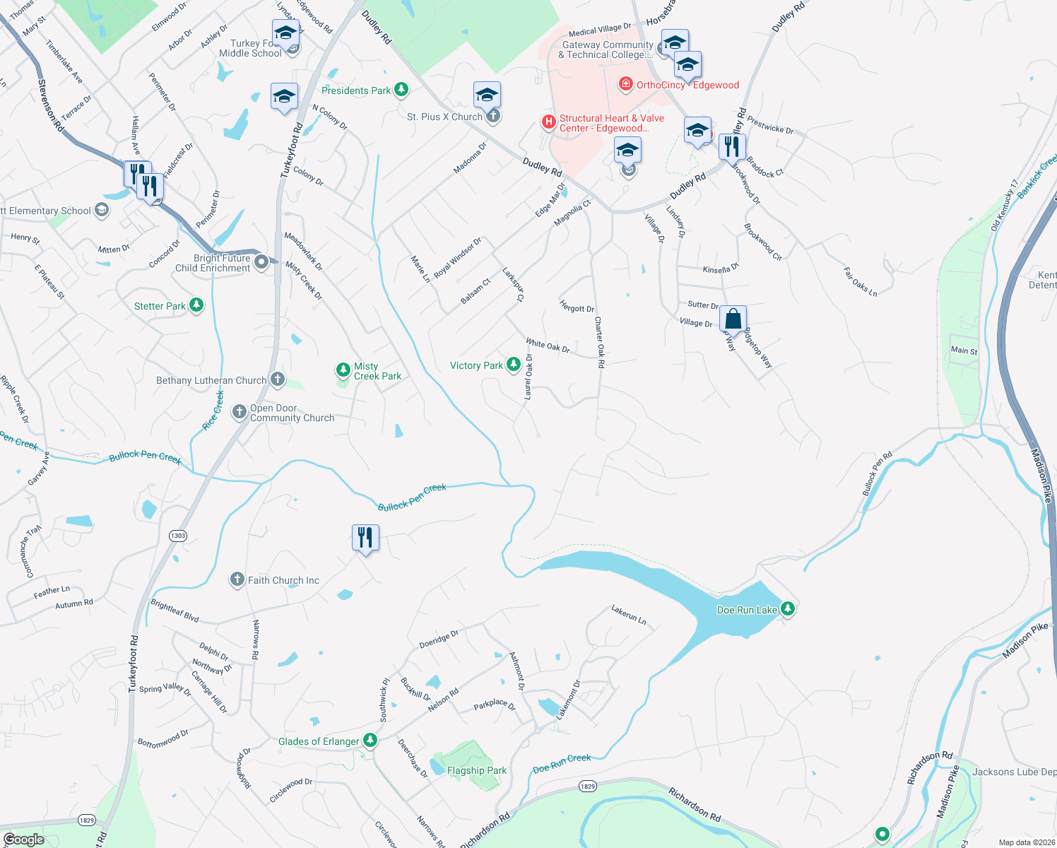 map of restaurants, bars, coffee shops, grocery stores, and more near 3236 Laurel Oak Court in Edgewood