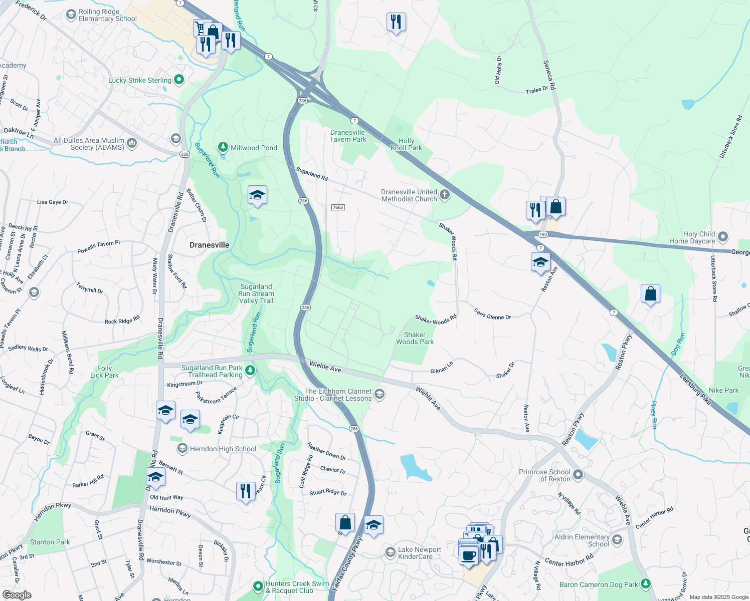 map of restaurants, bars, coffee shops, grocery stores, and more near 11905 Crayton Court in Herndon