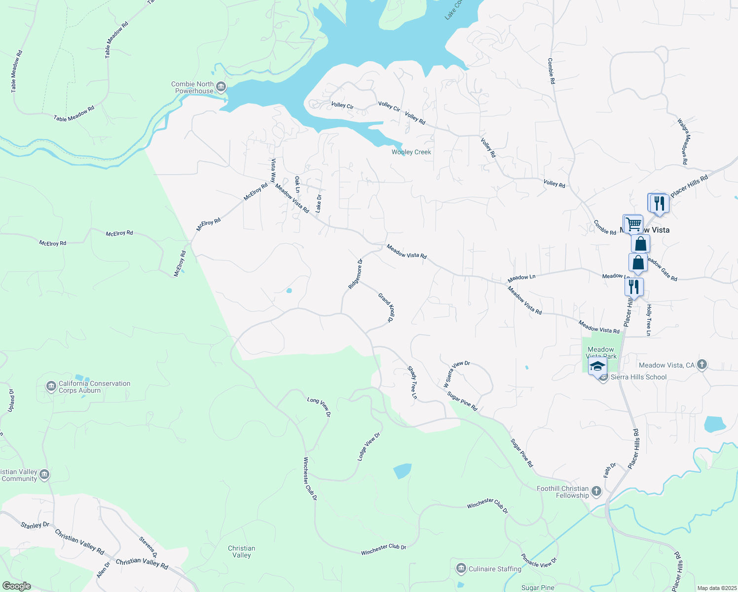 map of restaurants, bars, coffee shops, grocery stores, and more near 15065 Grand Knoll Drive in Meadow Vista