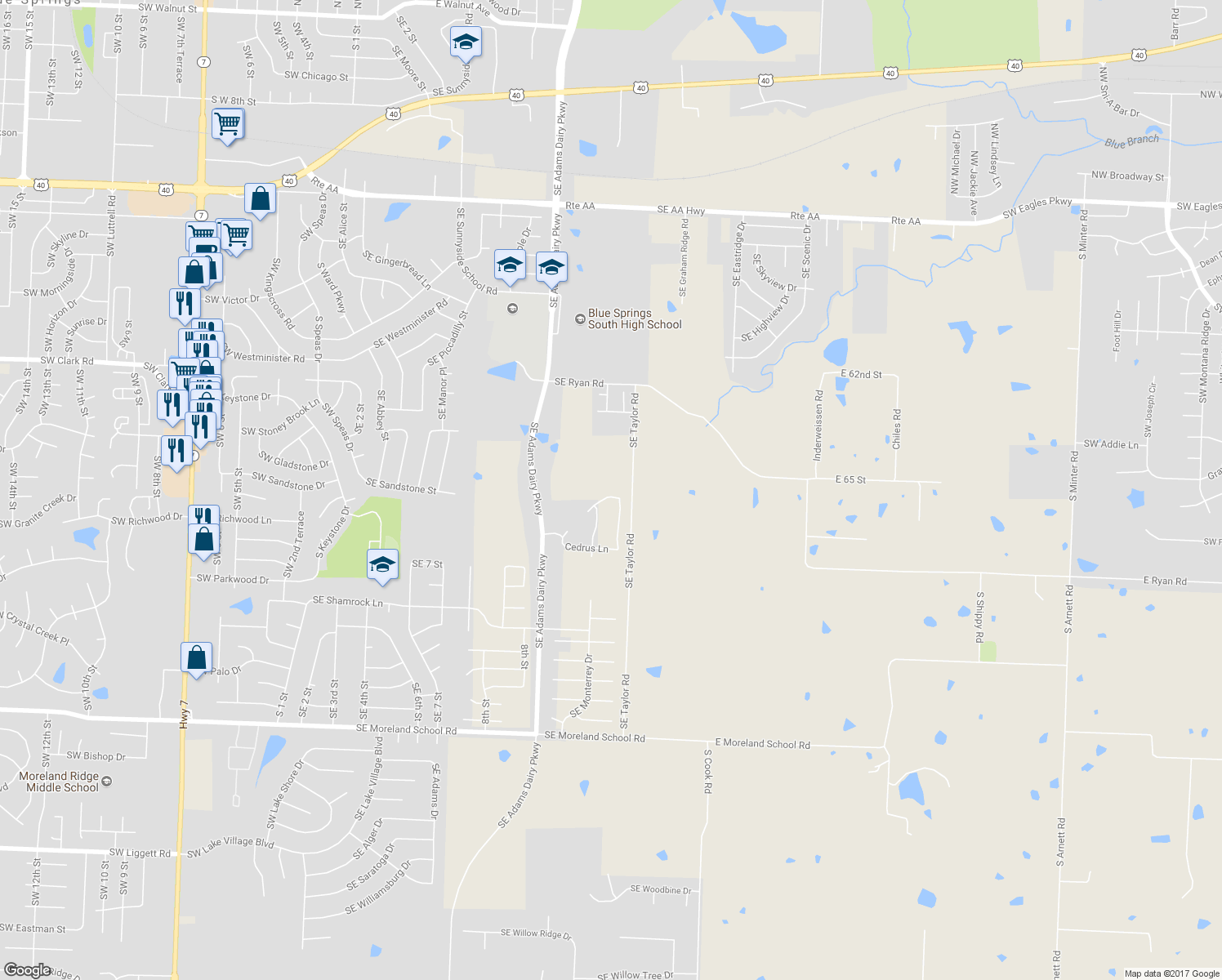 map of restaurants, bars, coffee shops, grocery stores, and more near 915 Southeast Cypress Lane in Blue Springs