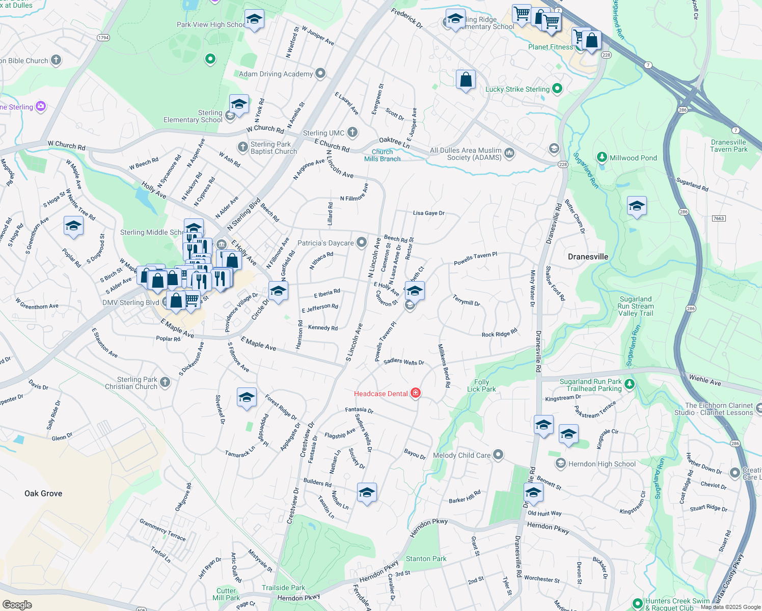 map of restaurants, bars, coffee shops, grocery stores, and more near 111 South Cameron Street in Sterling