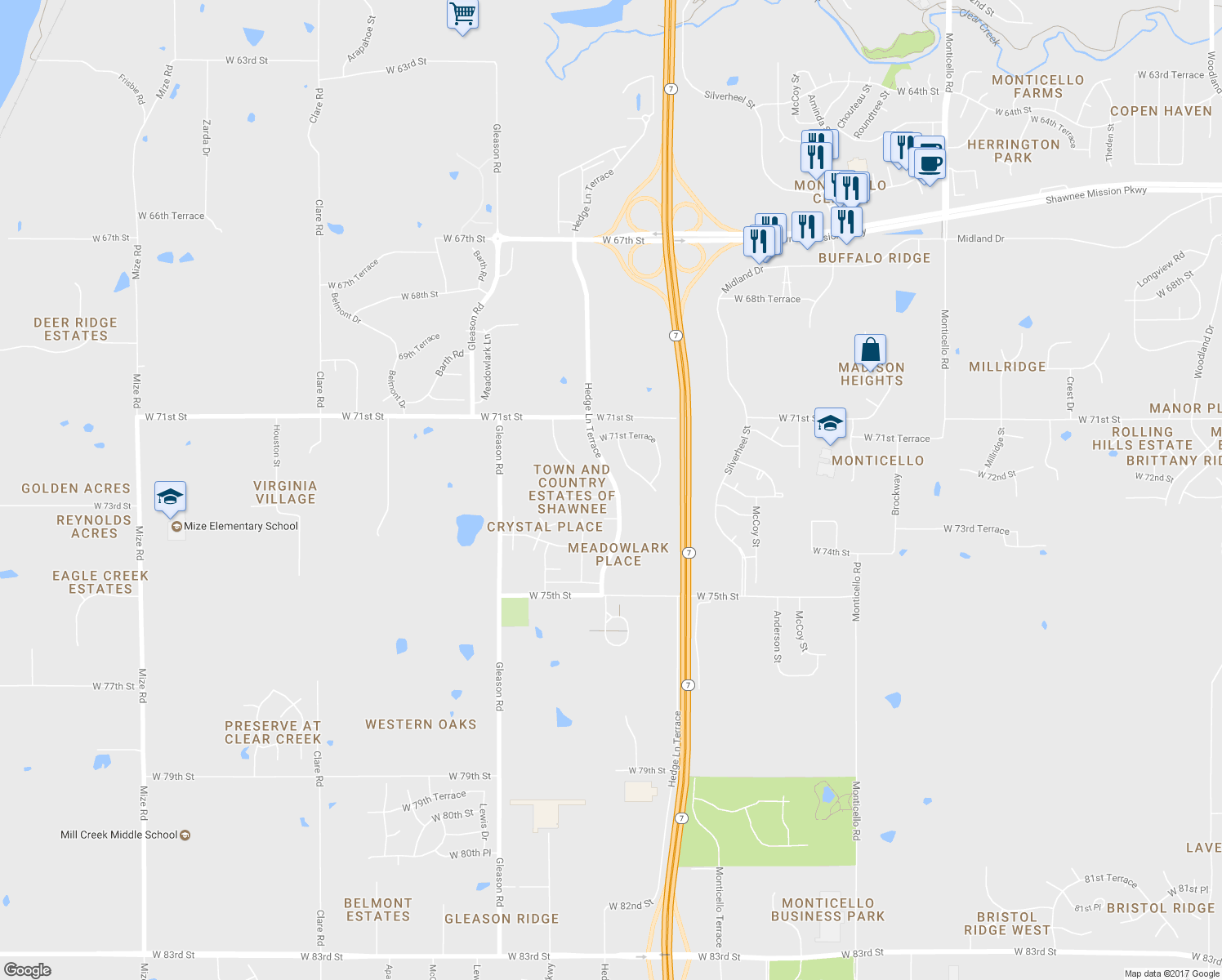 map of restaurants, bars, coffee shops, grocery stores, and more near 23500 West 72nd Terrace in Shawnee