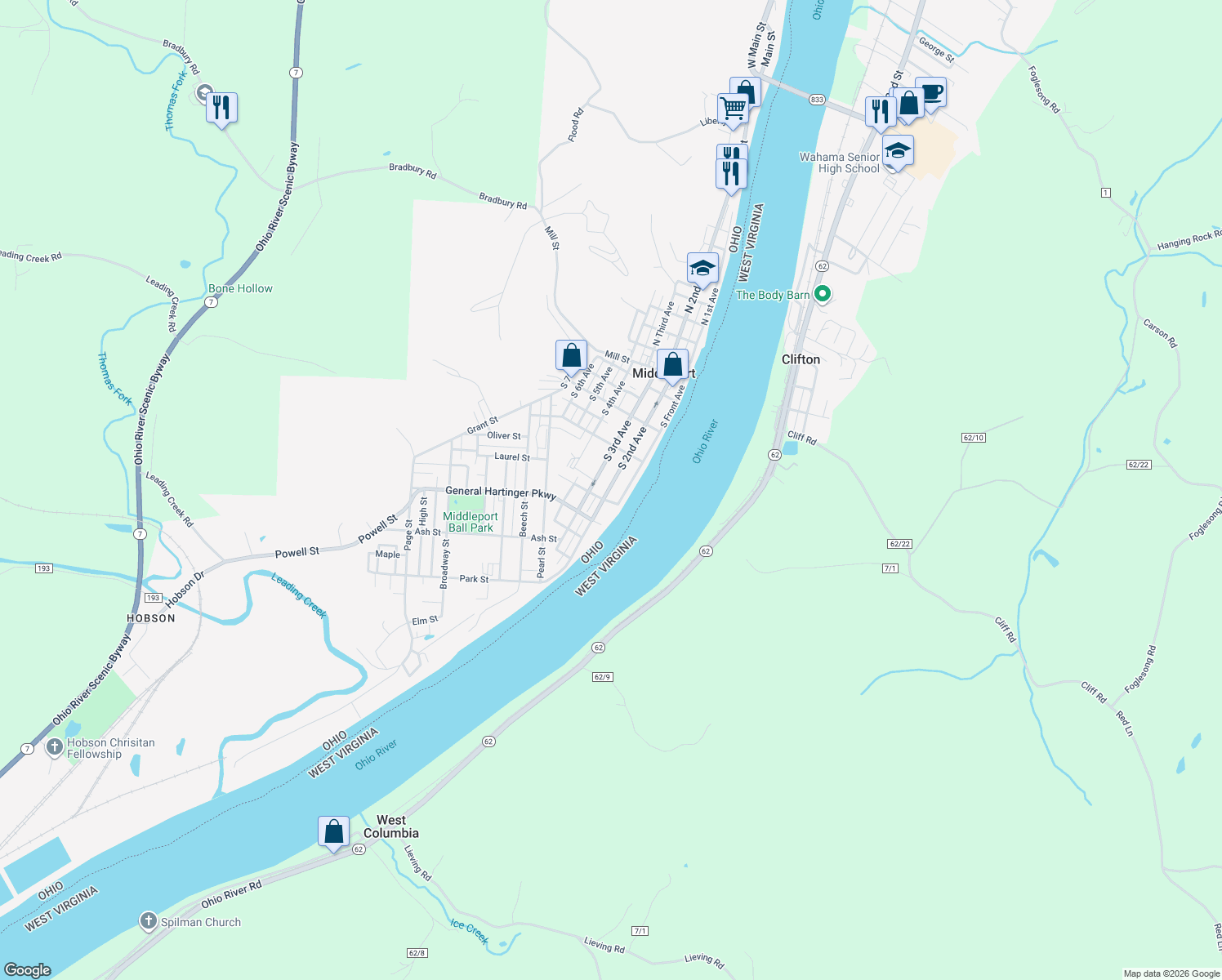map of restaurants, bars, coffee shops, grocery stores, and more near 648 S 2nd Ave in Middleport