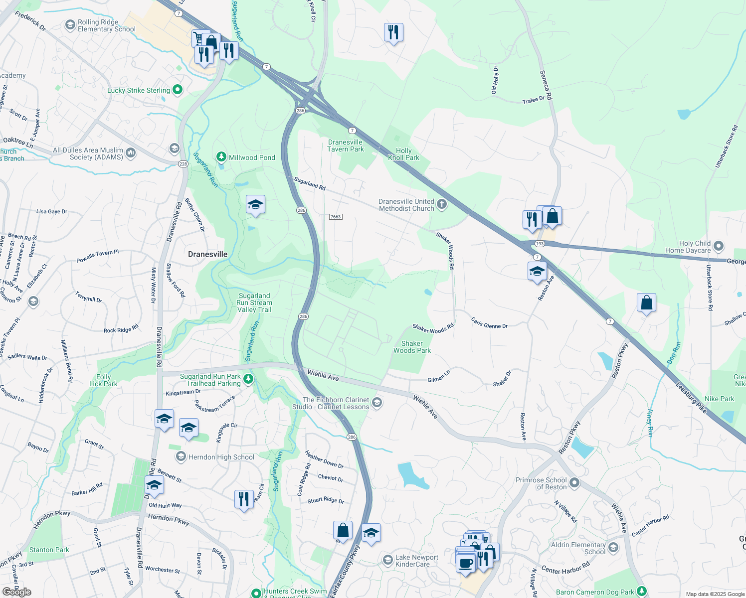 map of restaurants, bars, coffee shops, grocery stores, and more near 11906 Crayton Court in Herndon