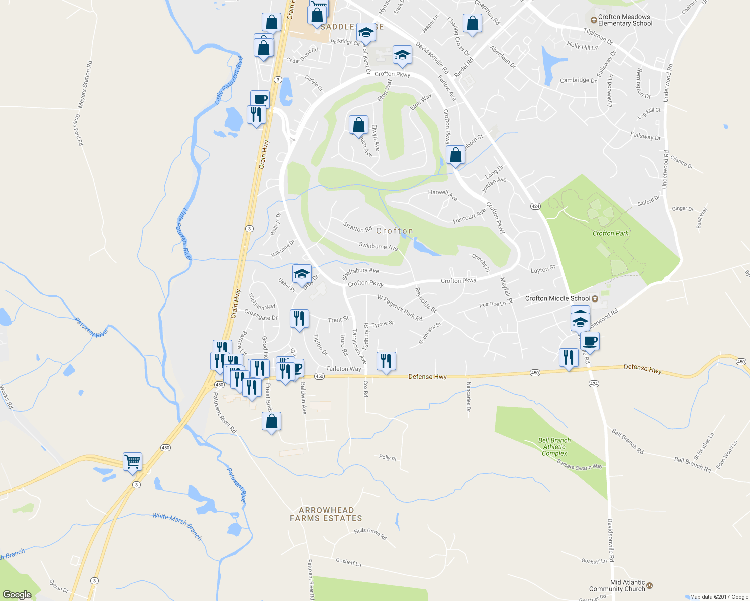 map of restaurants, bars, coffee shops, grocery stores, and more near 1760 Regents Park Road in Crofton