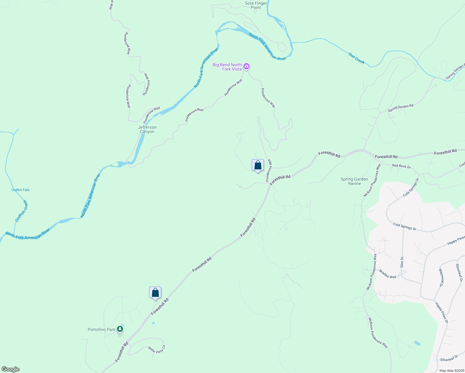 map of restaurants, bars, coffee shops, grocery stores, and more near 5577 Pine Ridge Road in Foresthill