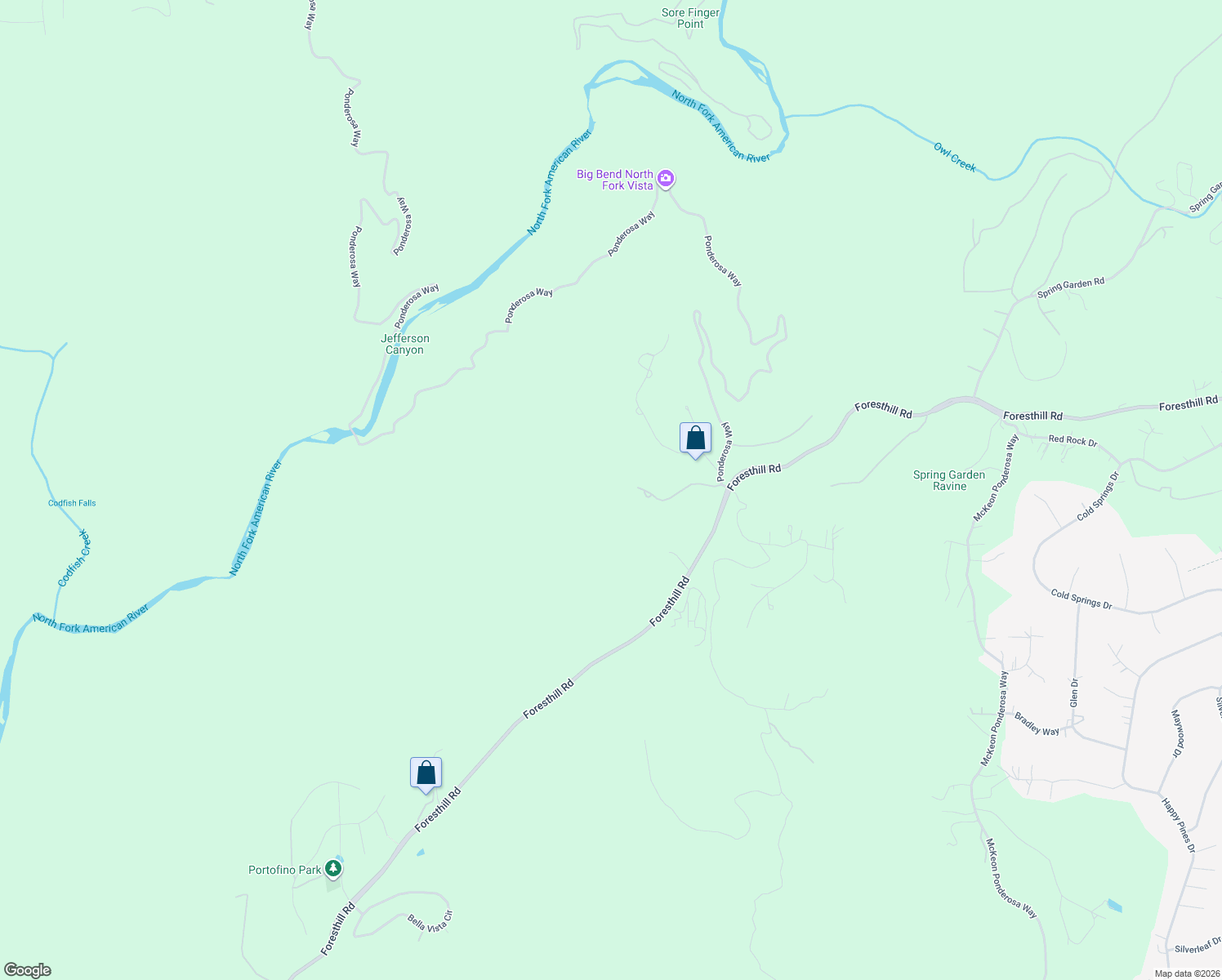 map of restaurants, bars, coffee shops, grocery stores, and more near 5585 Pine Ridge Road in Foresthill