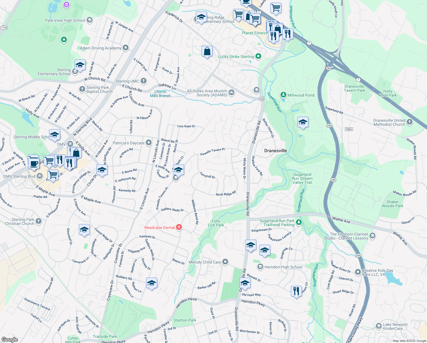 map of restaurants, bars, coffee shops, grocery stores, and more near 12523 Dardanelle Court in Herndon