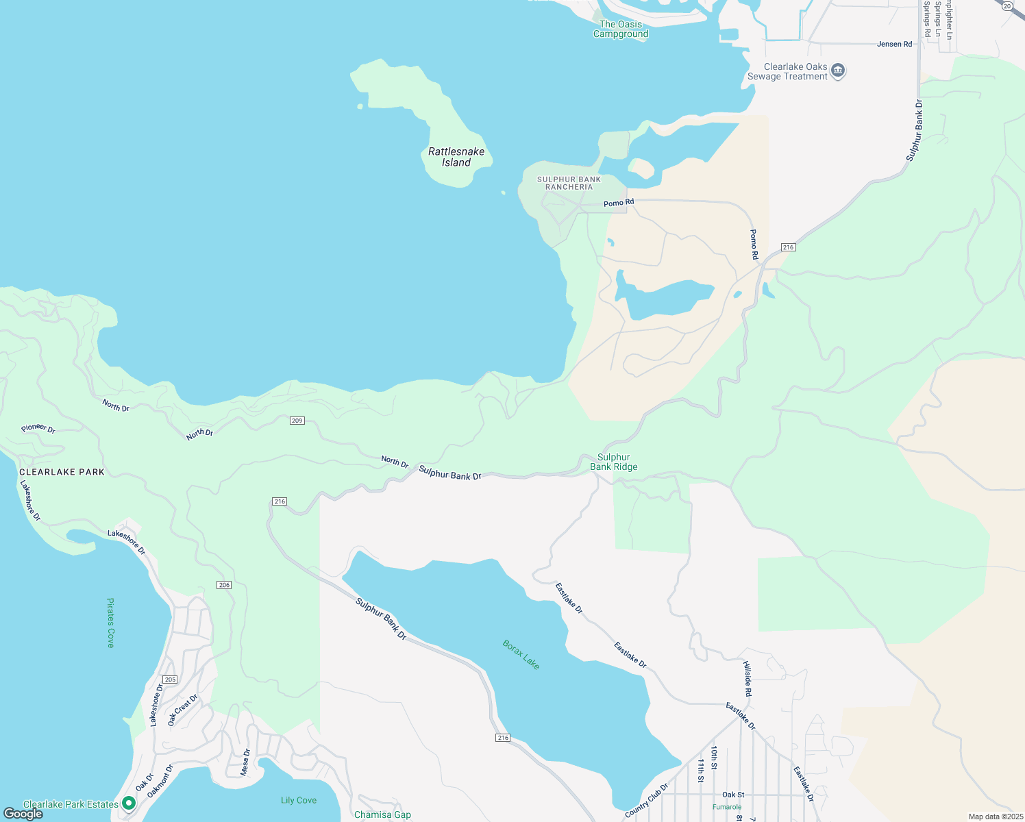 map of restaurants, bars, coffee shops, grocery stores, and more near 12620 Sulphur Bank Mine Road in Clearlake Oaks