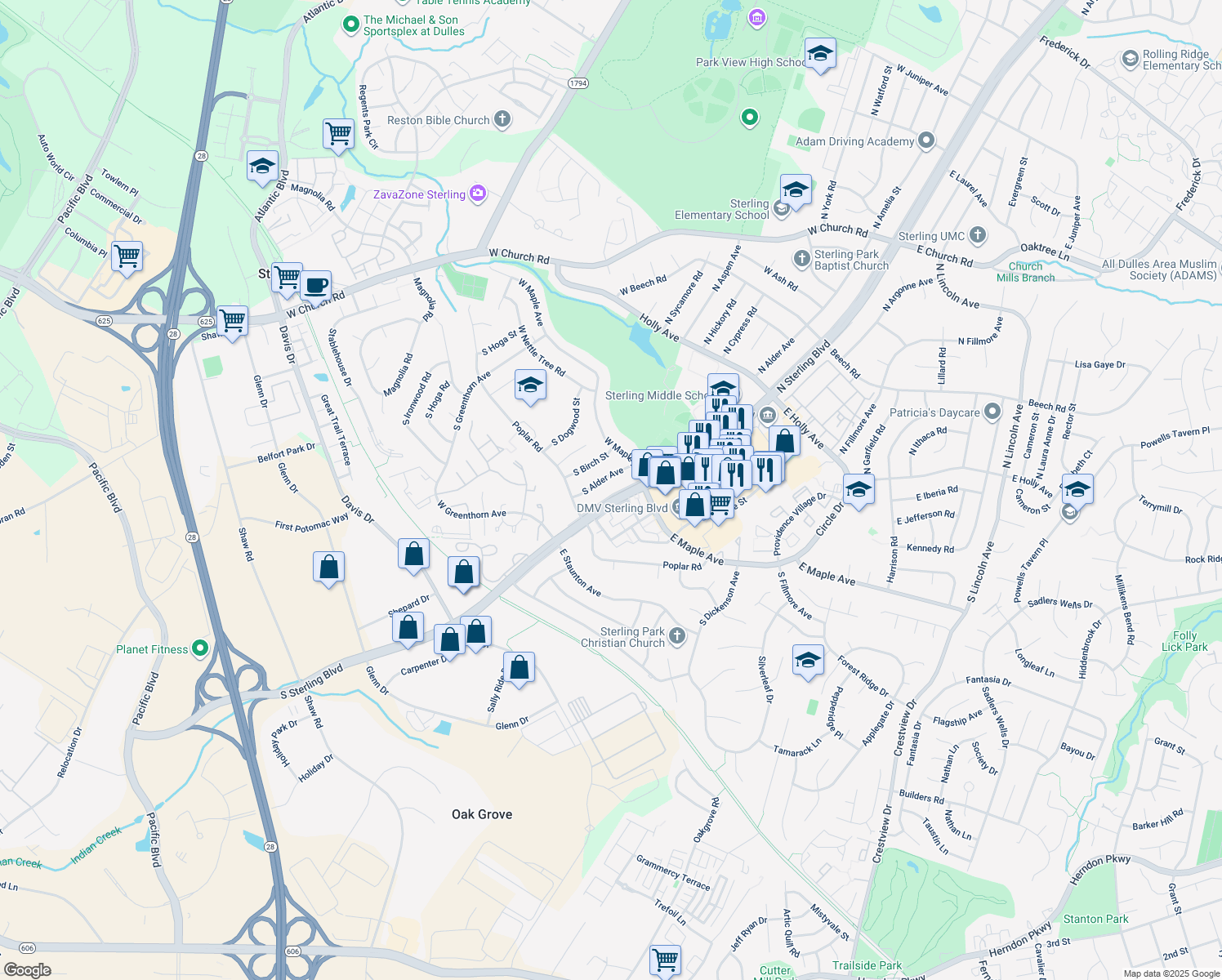 map of restaurants, bars, coffee shops, grocery stores, and more near 703 South Sterling Boulevard in Sterling