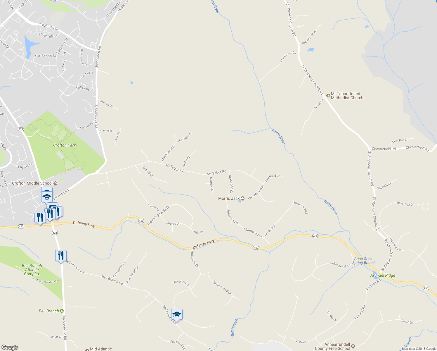 map of restaurants, bars, coffee shops, grocery stores, and more near 2261 Mount Tabor Road in Gambrills