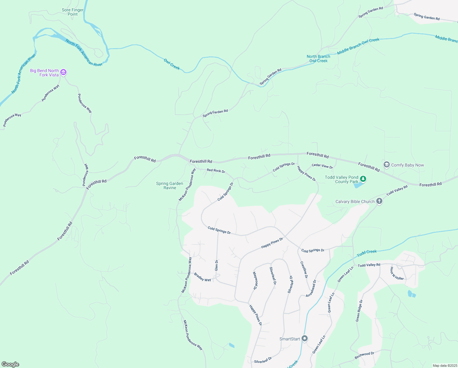 map of restaurants, bars, coffee shops, grocery stores, and more near 5184 Red Rock Drive in Foresthill