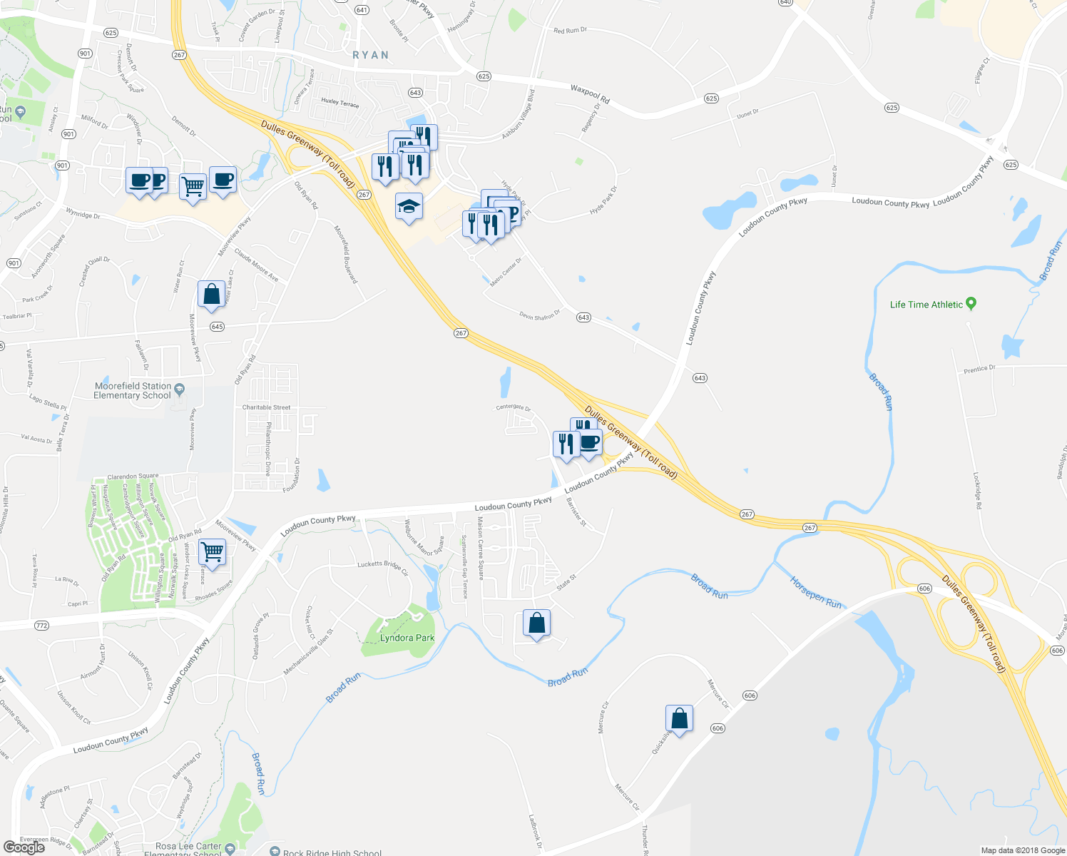 map of restaurants, bars, coffee shops, grocery stores, and more near 43795 Kingston Station Terrace in Ashburn