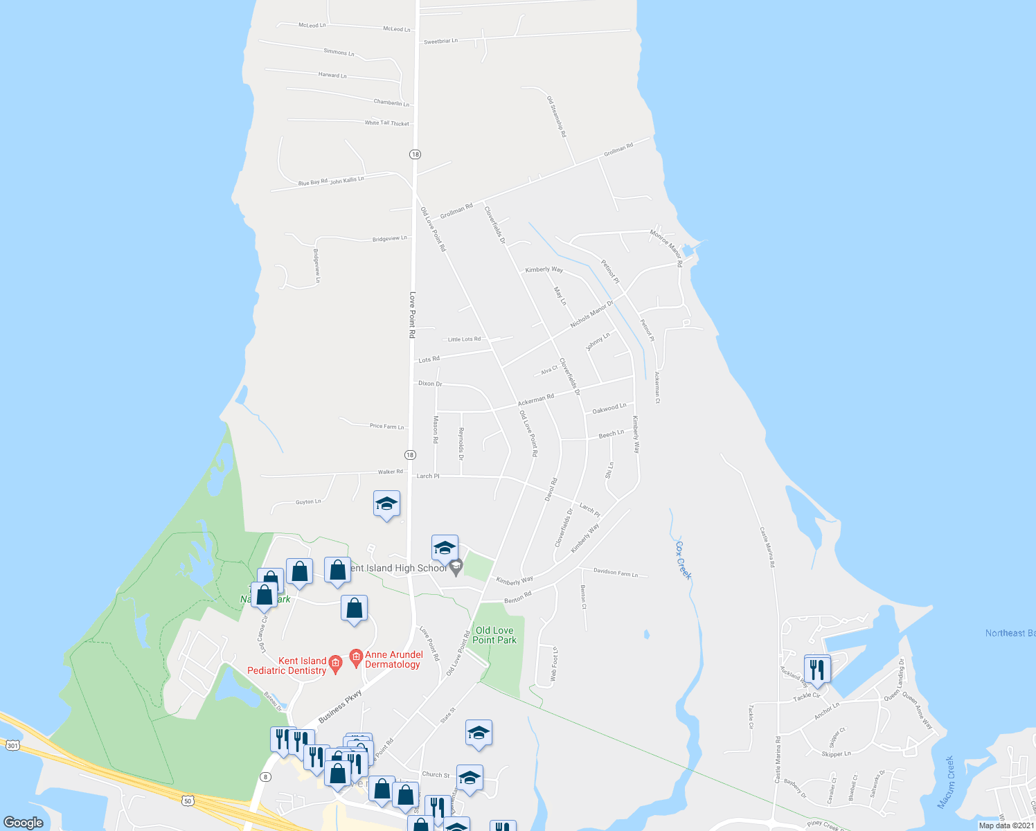 map of restaurants, bars, coffee shops, grocery stores, and more near 729 Old Love Point Road in Stevensville
