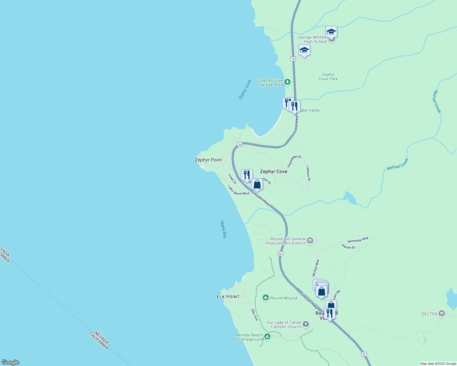 map of restaurants, bars, coffee shops, grocery stores, and more near 625 Lake Shore Boulevard in Glenbrook