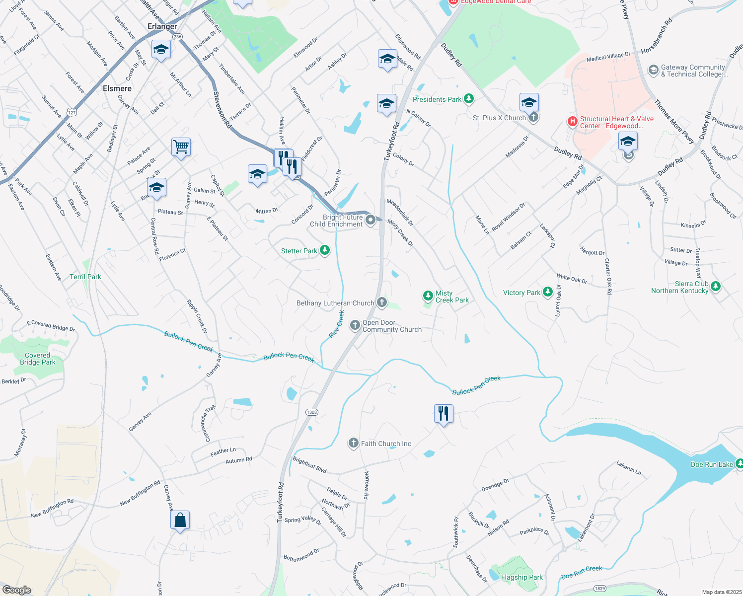 map of restaurants, bars, coffee shops, grocery stores, and more near 3396 Woodlyn Hills Drive in Erlanger