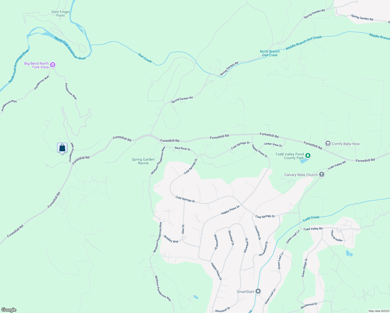 map of restaurants, bars, coffee shops, grocery stores, and more near 5184 Red Rock Drive in Foresthill