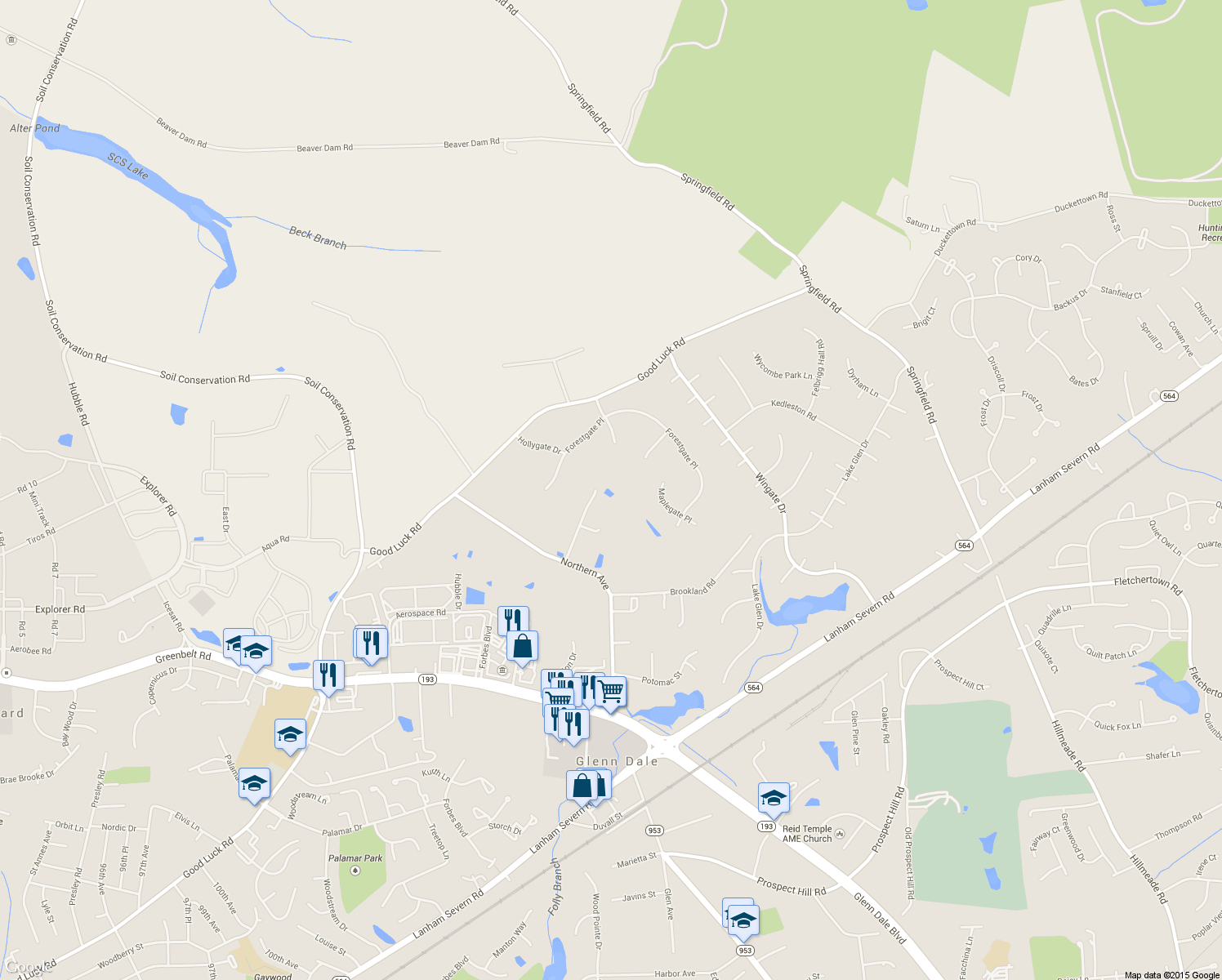 map of restaurants, bars, coffee shops, grocery stores, and more near 7811 Mystic River Terrace in Glenn Dale