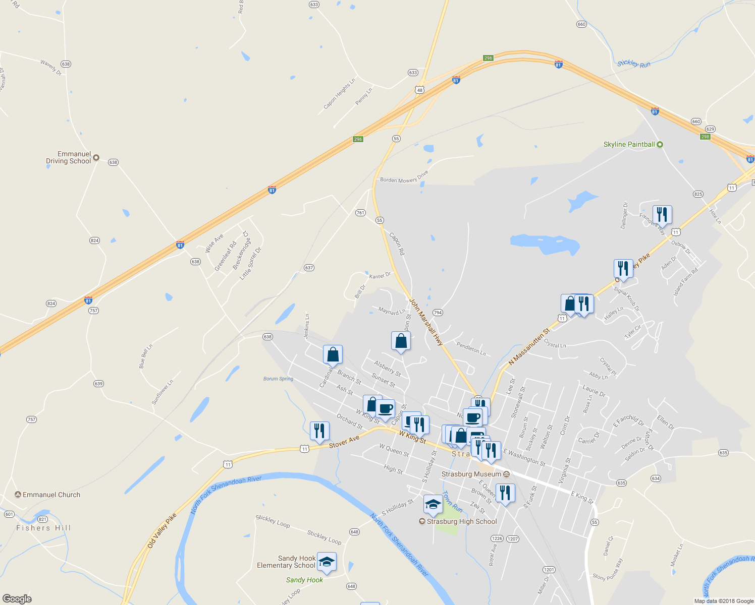 map of restaurants, bars, coffee shops, grocery stores, and more near 174 Maynard Lane in Strasburg